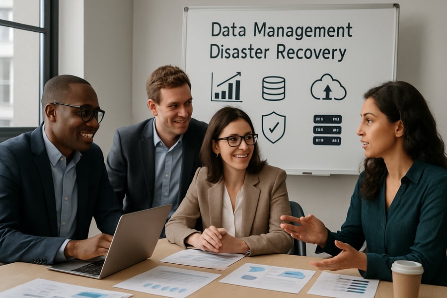 Business consulting team collaborating on data management and disaster recovery solutions Business consulting team collaborating on data management and disaster recovery solutions